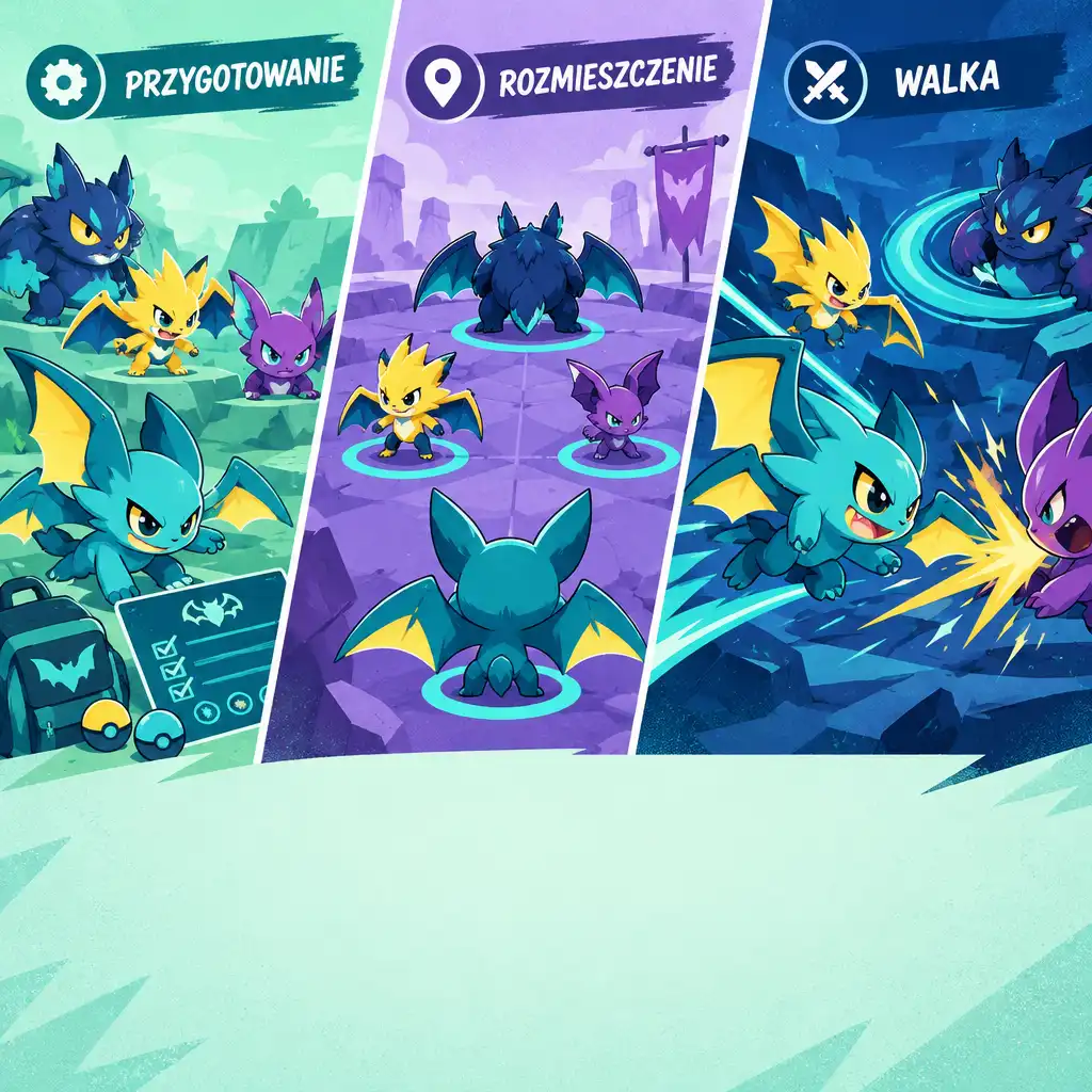 Ilustracja trzech faz bitwy w Batomon Showdown: przygotowanie, rozmieszczenie i walka