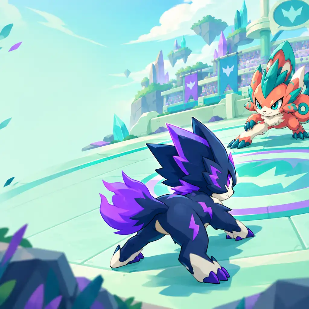 Ilustracja areny bojowej w Batomon Showdown z dwoma Batomonami gotowymi do walki