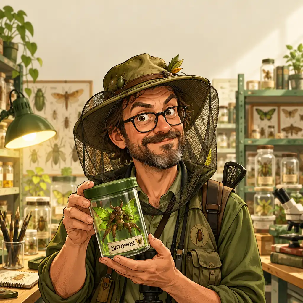 Portret trenera Mikołaja, łowcy owadów, z pojemnikiem na owady